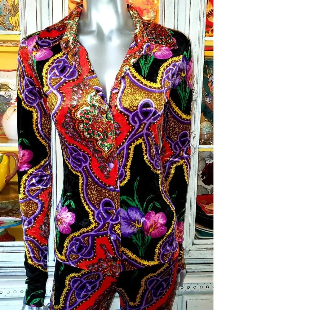 Vintage Betsey Johnson Floral Leopard Stretch Velvet Jeans Pants Dress Top Shirt - Picture 9 of 16